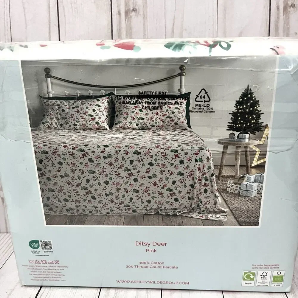 CATH KIDSTON London QUEEN Sheet Set 100% Cotton Ditsy Deer Christmas Holiday New